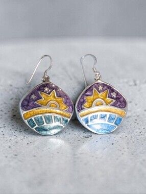 Vintage Artisan 925 Sterling Silver Cloisonné Enamel Celestial Sun & Sea Dangle